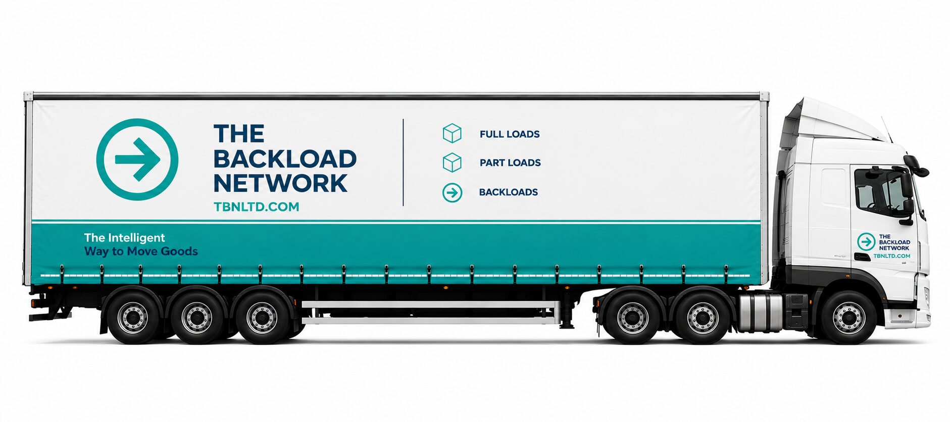 The Backload Network teal and white semi-truck