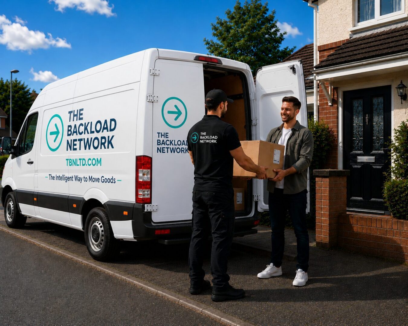 Delivery driver handing package to customer at doorstep