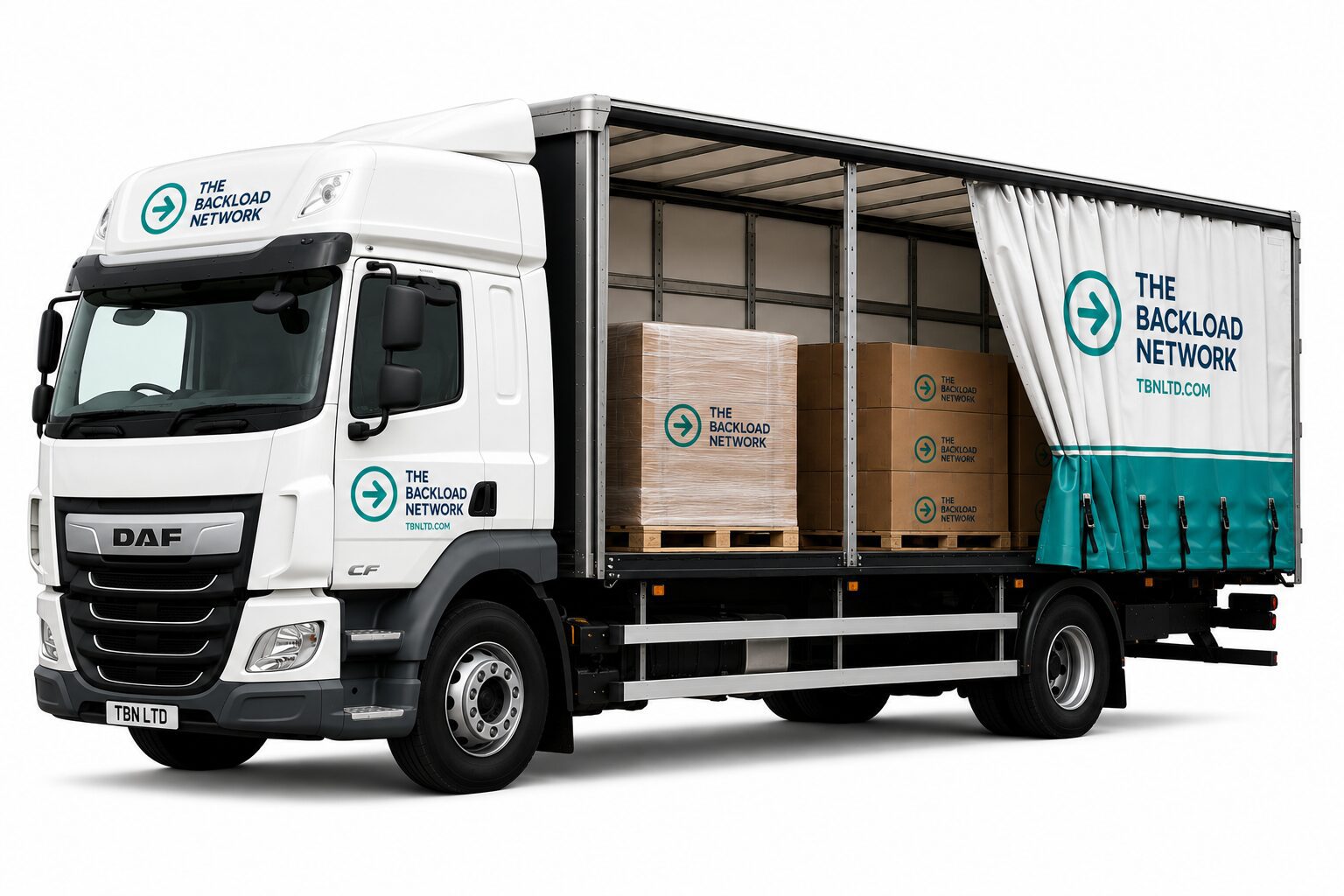 Open-sided delivery truck with palletized boxes