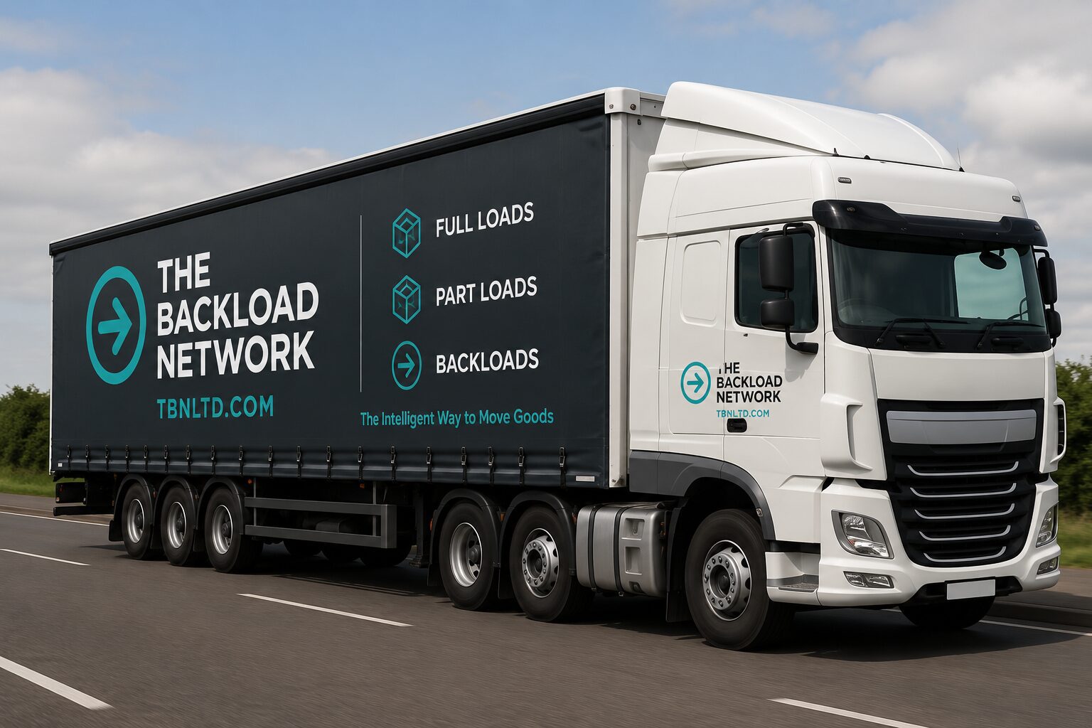 Backload Network branded semi-truck driving on road