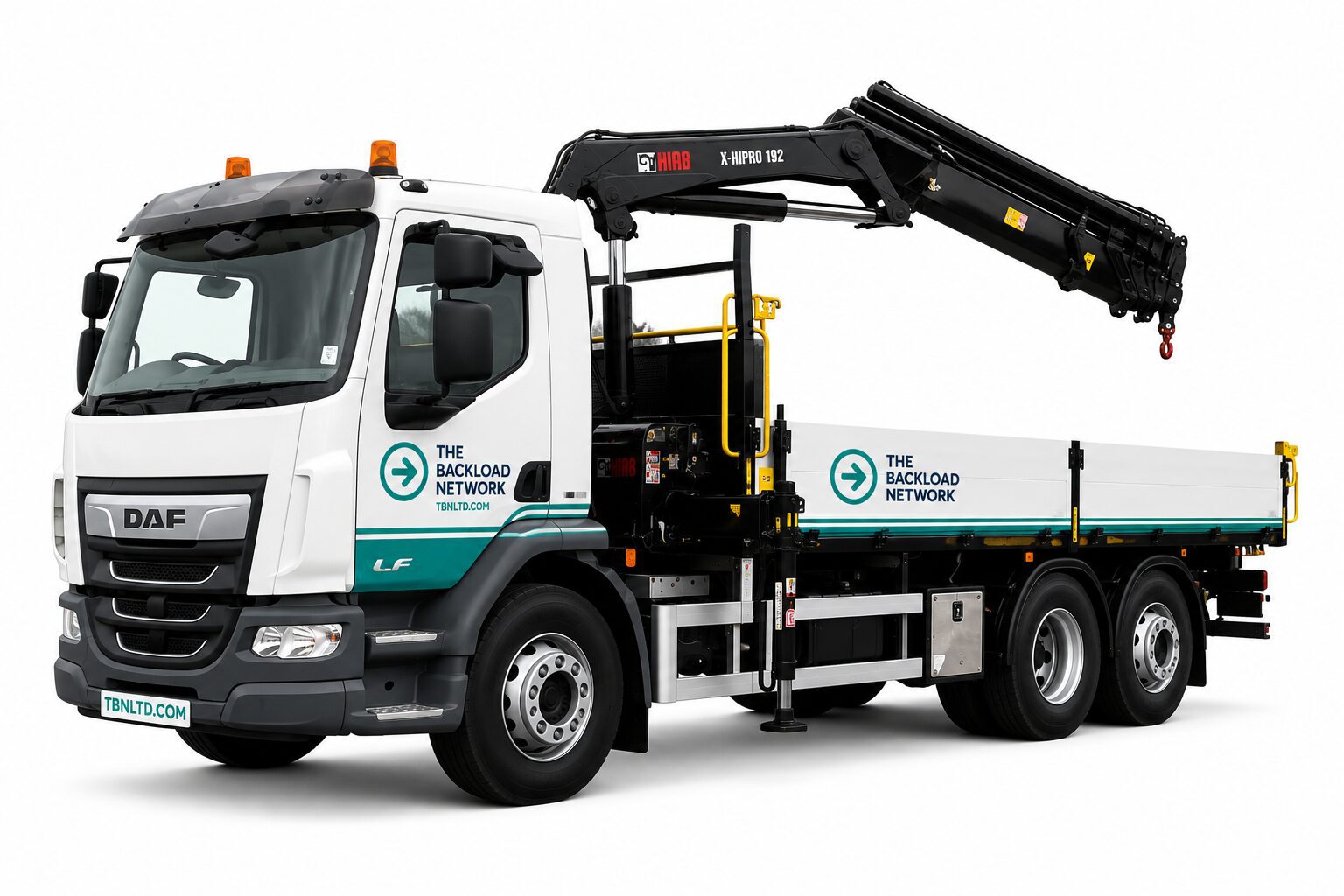 White flatbed truck with mounted crane