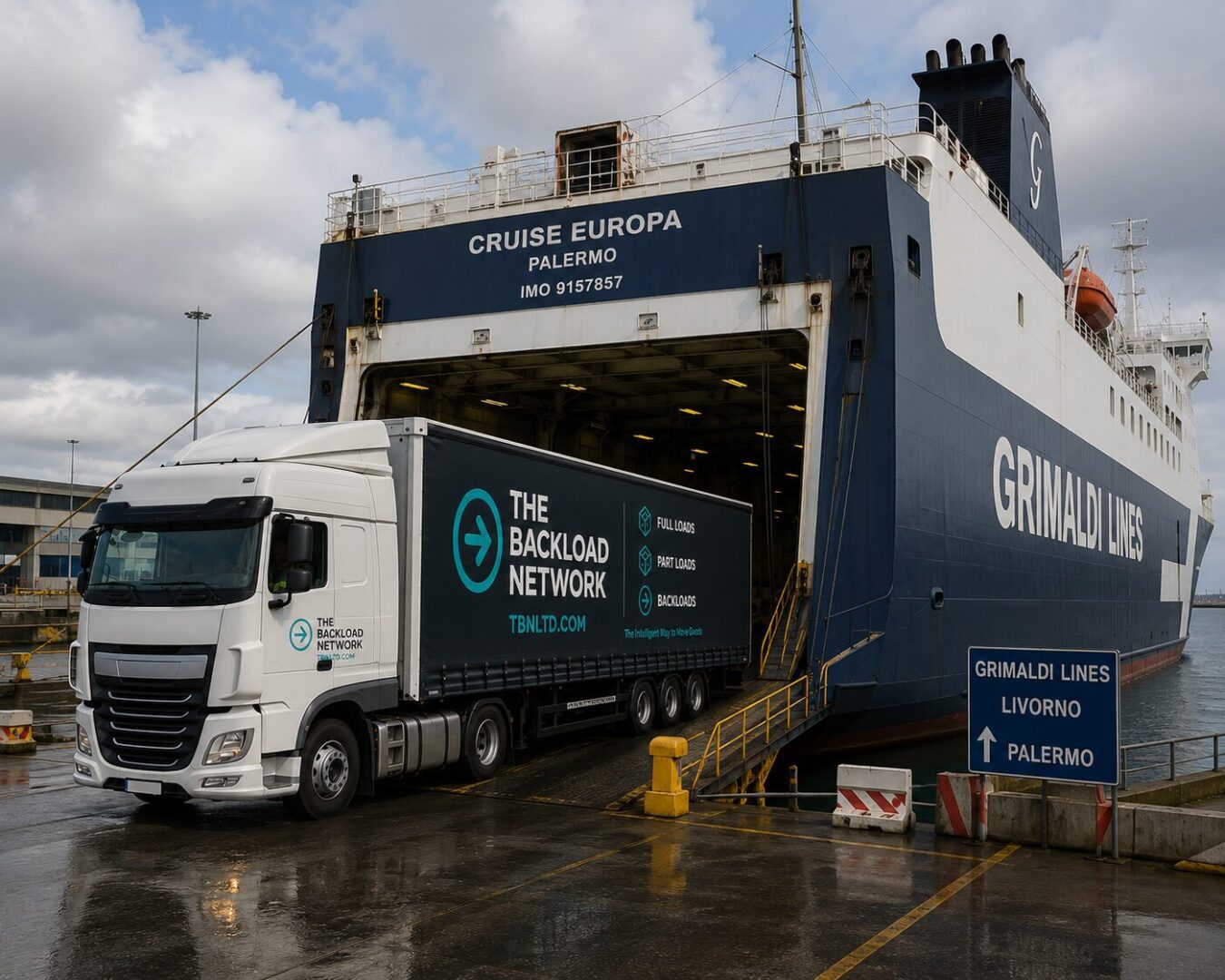 Freight truck loading onto Grimaldi Lines ferry