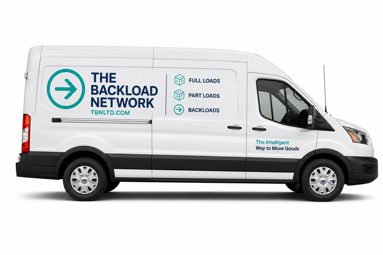 White cargo van branded The Backload Network