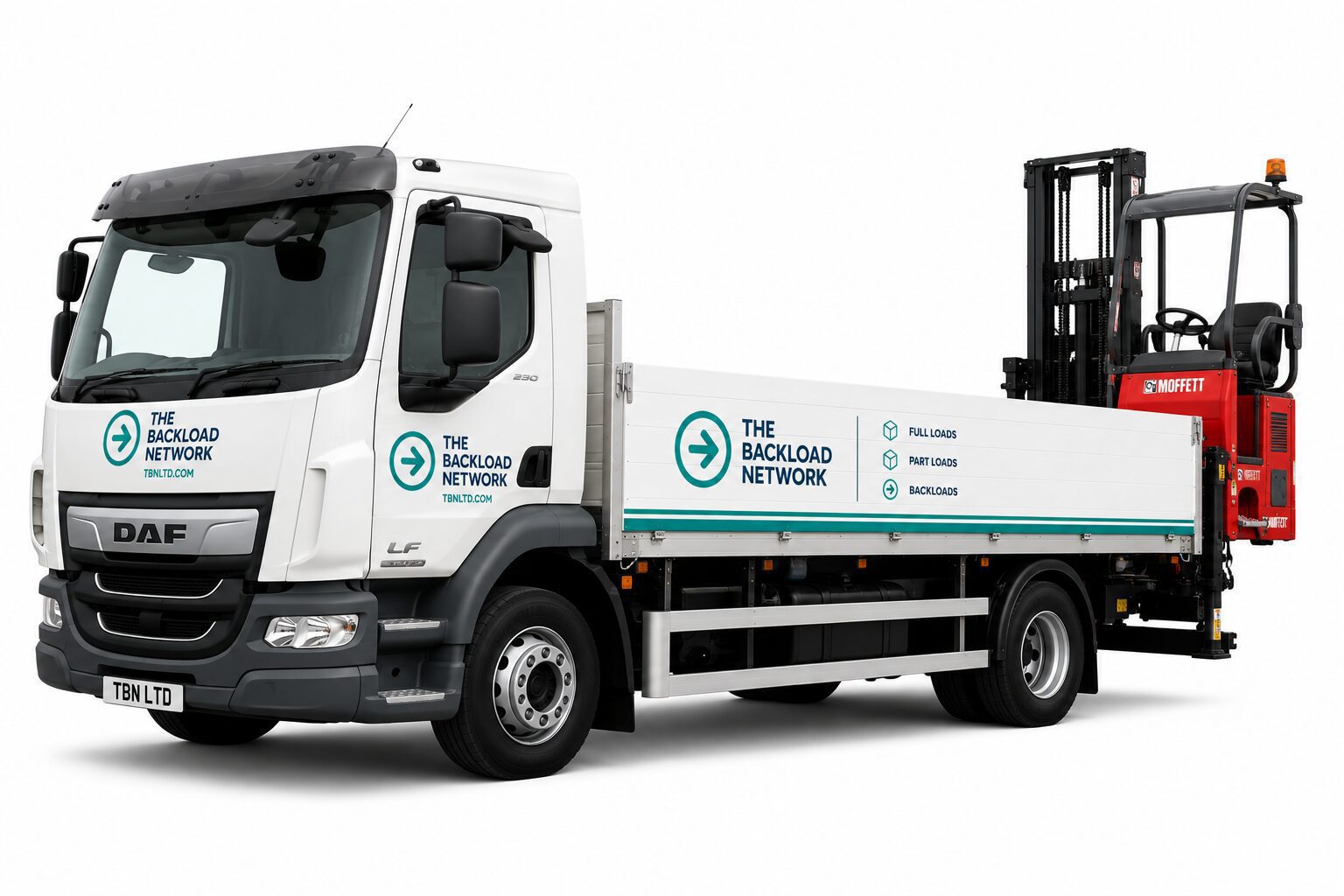White flatbed truck with rear-mounted forklift
