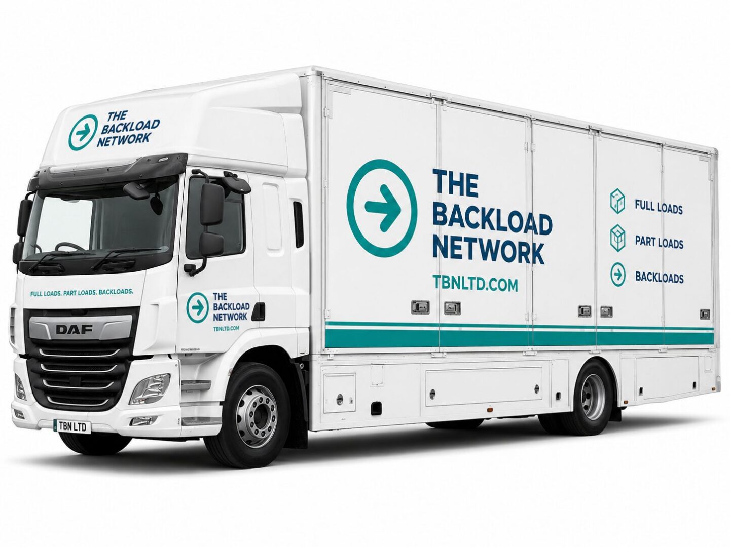 Delivery truck with The Backload Network branding