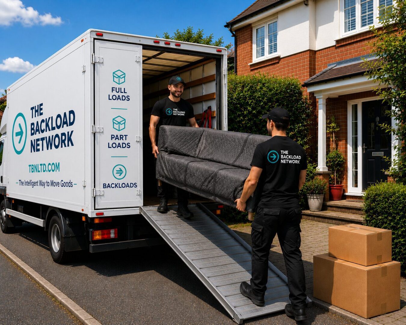 Movers unloading sofa from moving truck